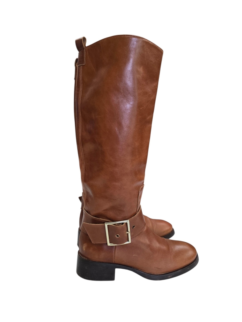Zara Cognac Leather Knee Buckle Boots